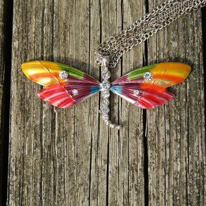 LARGE removable Rainbow Moth with Clear Gemstones Gaudy Triple-Strand Necklace